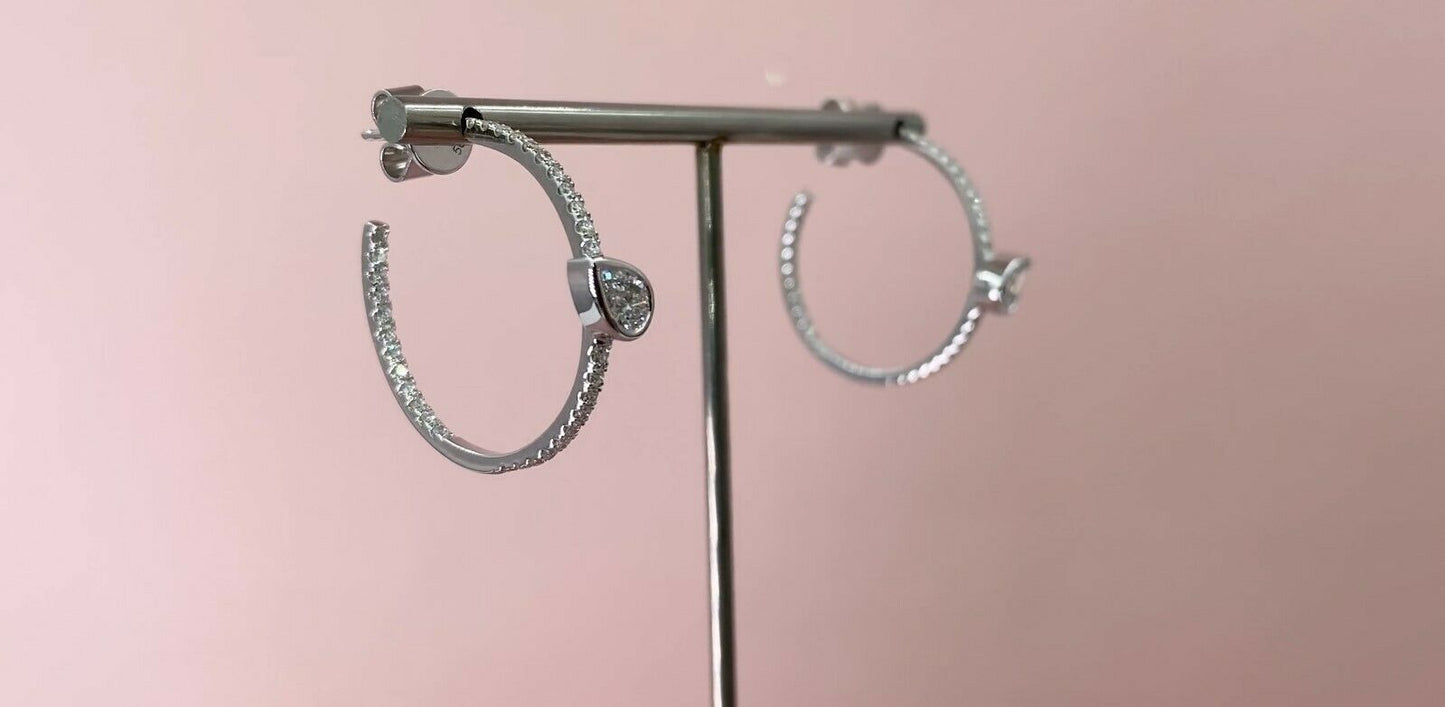 14K Gold 0.48 CT Floating Pear Diamond Hoop Earrings Round Cut Inside Out Natural