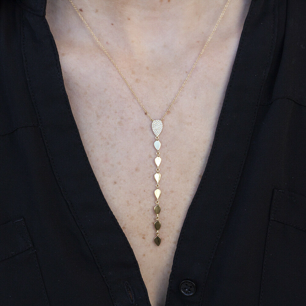 14K Gold 0.11 CT Diamond Pear Lariat Natural Round Teardrop Y Necklace