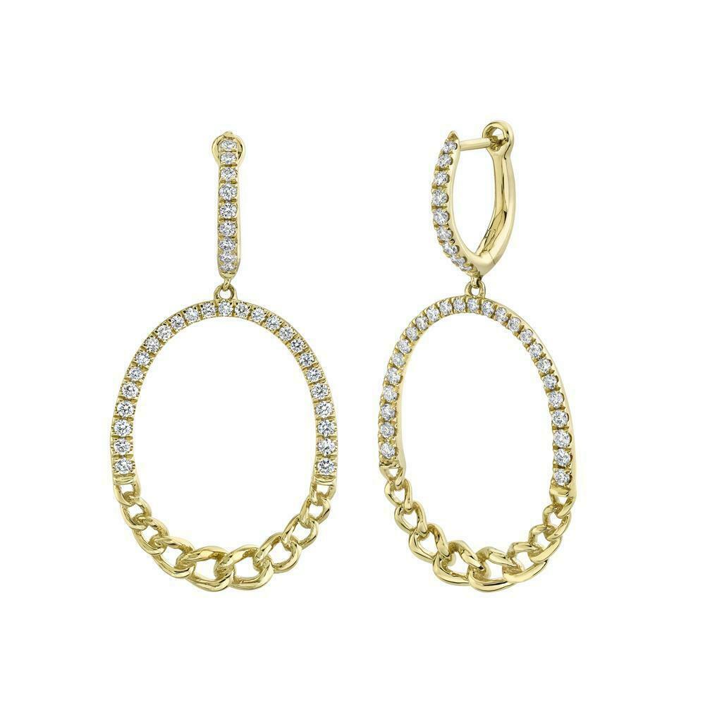 14K Gold 0.59 CT Diamond Link Chain Oval Earrings Drop Dangle Round Cut
