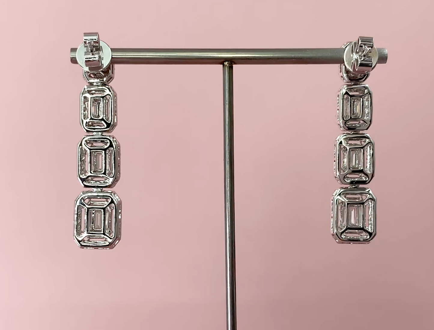 14K Gold 3.19 CT Baguette Diamond Earrings Emerald Shape Drop Dangle Natural