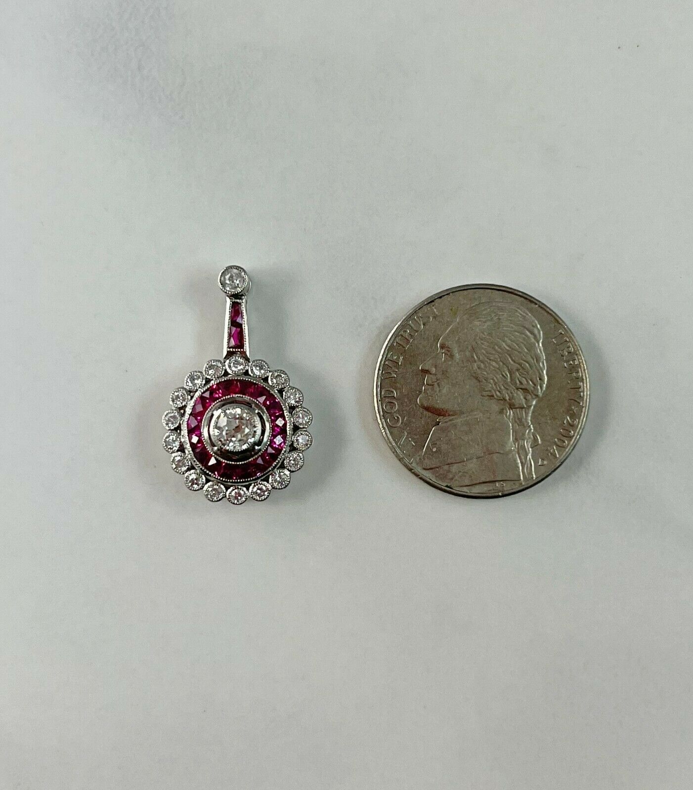 Art Deco French Cut Ruby Diamond Pendant Necklace Platinum Natural Chain Included