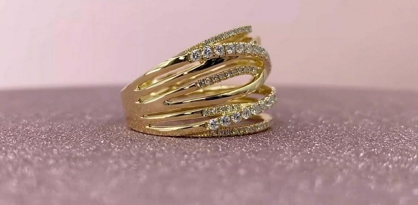 14K Gold 0.62 CT Diamond Bridge X Ring Criss Cross Crossover Multi Row Band Wide
