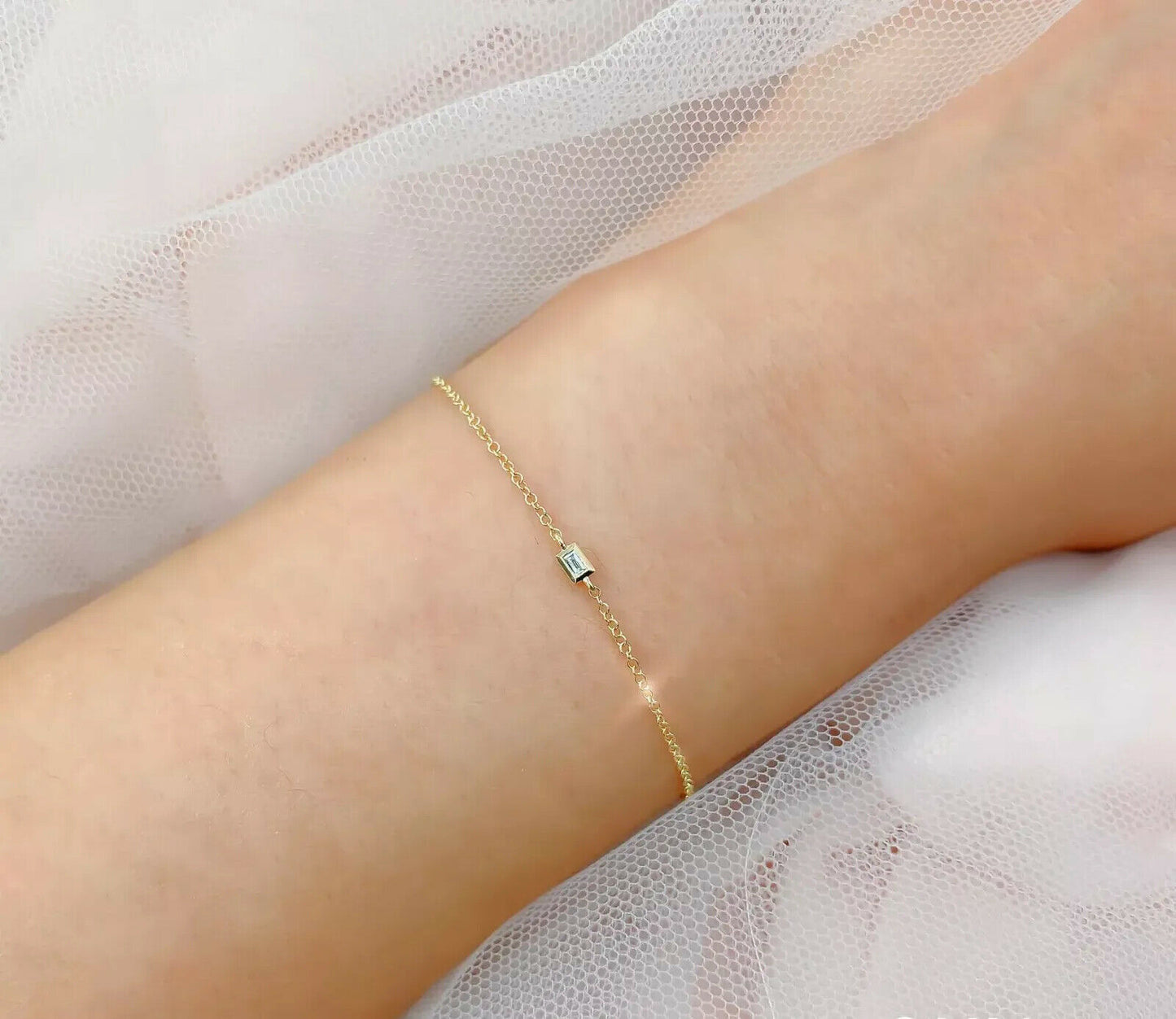 14K Gold 0.03 CT Baguette Cut Diamond Bracelet Bezel Natural Kids Adults