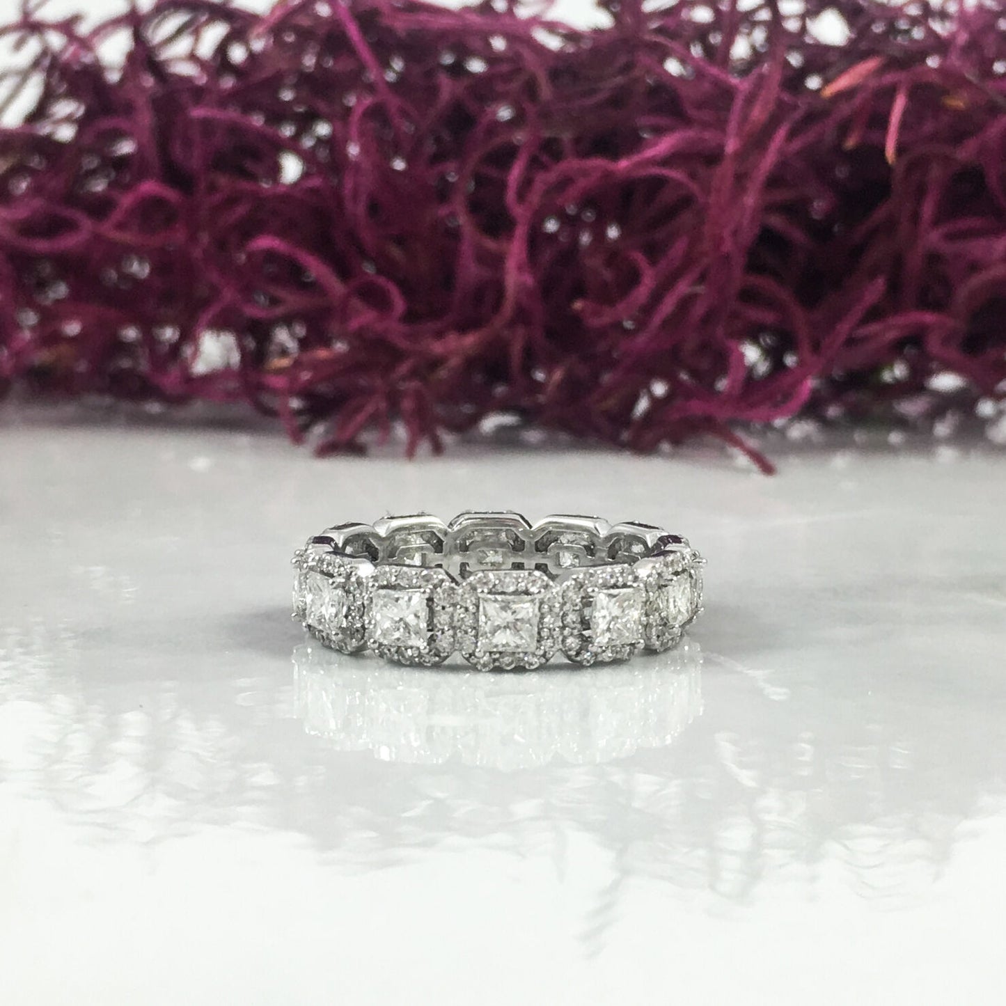 18K White Gold 1.73 CT Princess Round Eternity Diamond Ring Halo Band Natural Certified