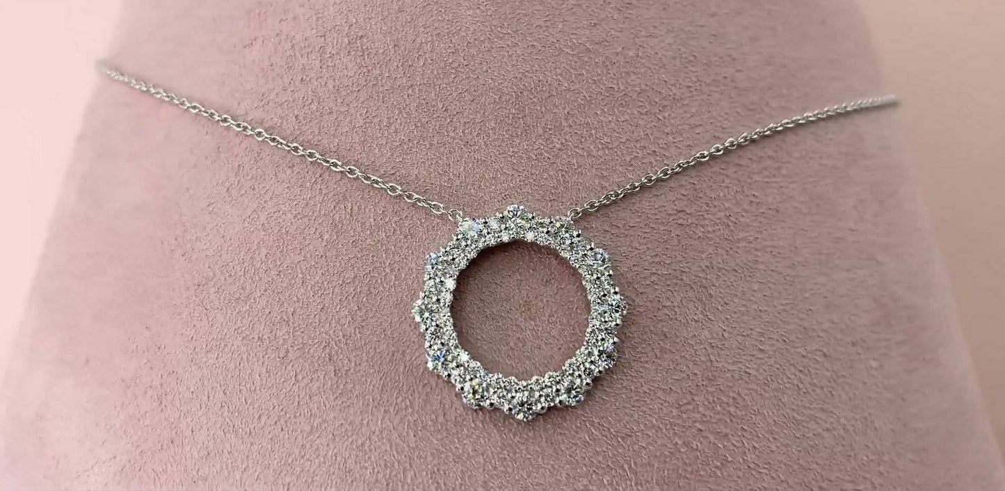 14K Gold 1.16CT Diamond Circle O Necklace Scallop Edge Round Cut Natural