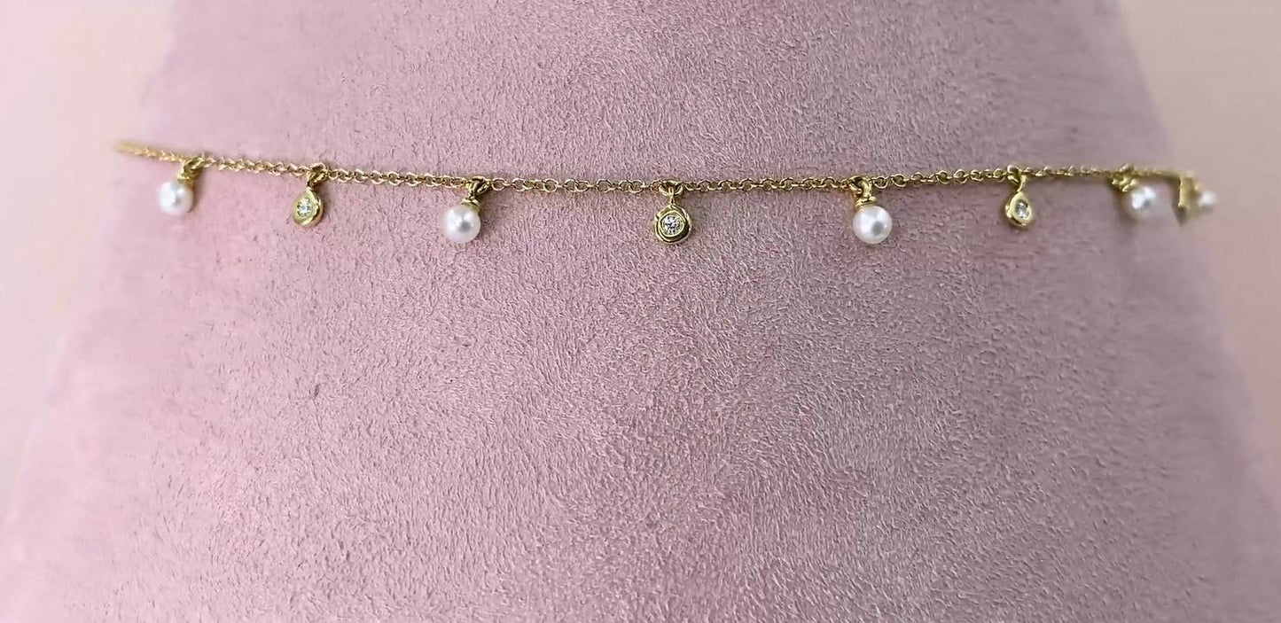 14K Gold 0.04 CT Diamond Pearl Necklace Shaker Dangling Bezel Set Round Cut