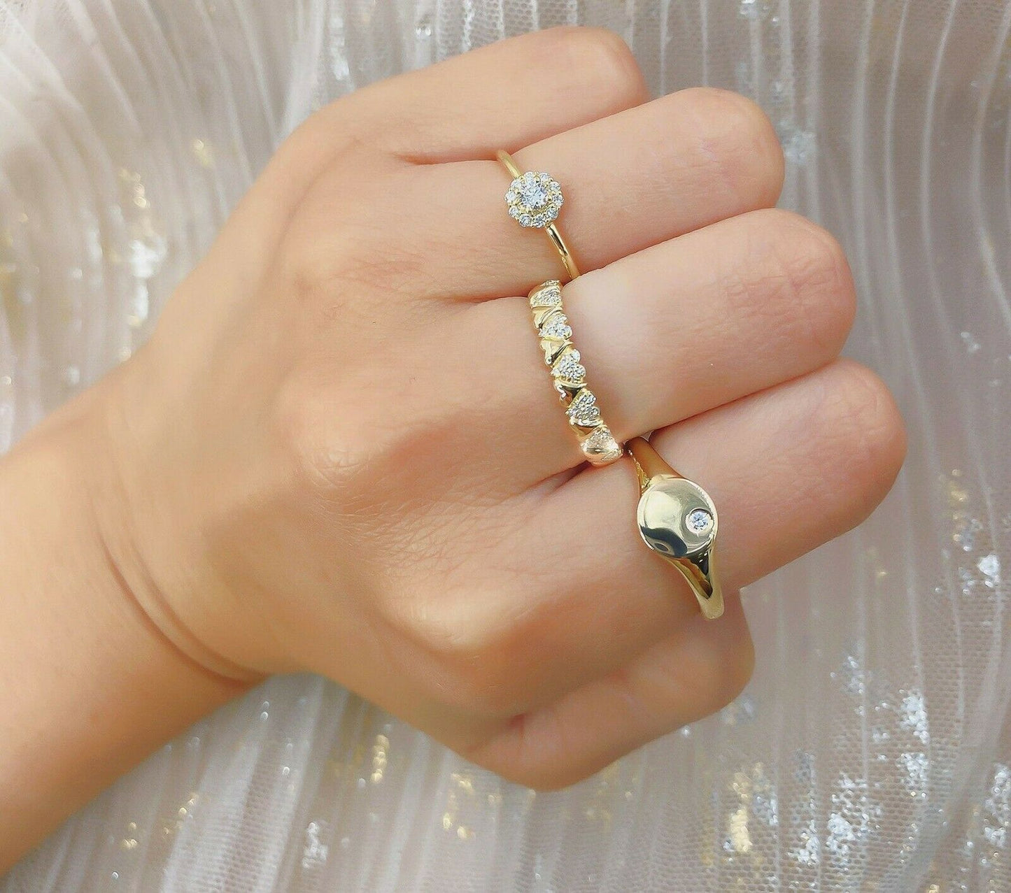 14K Gold 0.12 CT Heart Shape Diamond Ring Stackable Round Cut Natural