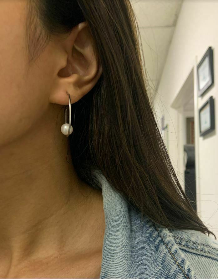 14K Gold Freshwater Pearl Hoop Earrings Natural Open Floating Unique