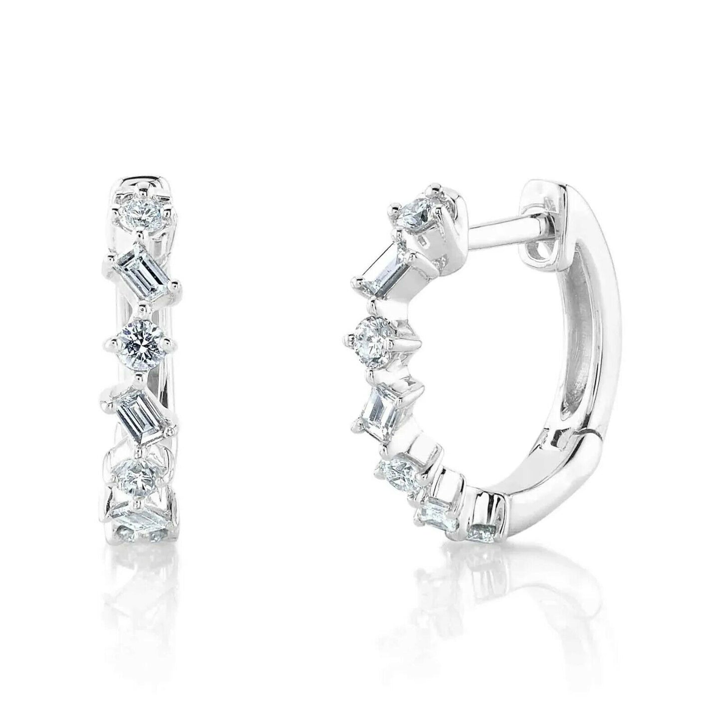 14K Gold 0.26CT Baguette Round Cut Diamond Huggie Earrings Huggy Natural