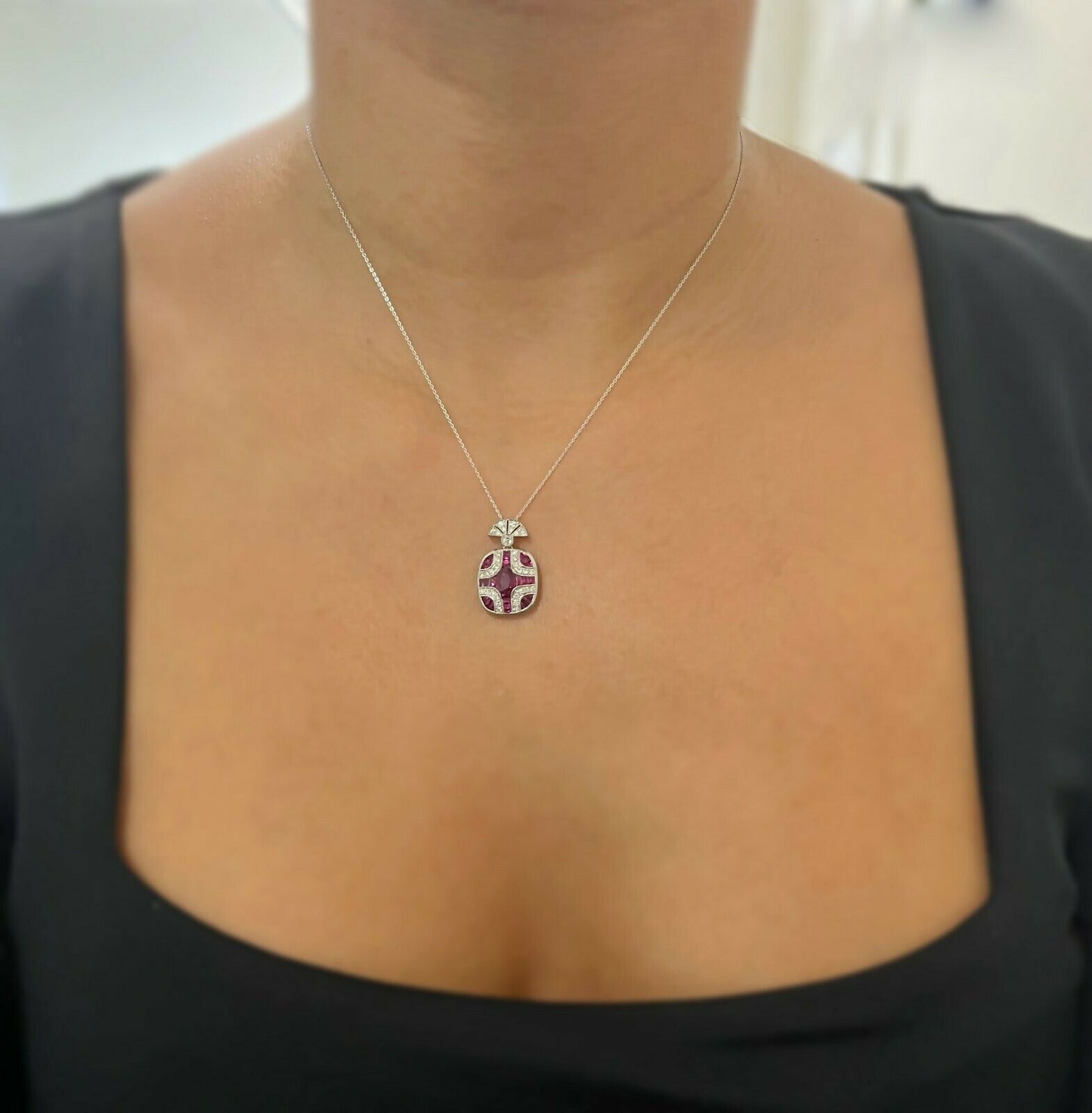 Ruby Diamond Platinum Pendant Necklace Art Deco Oval Cut Antique Finish Natural