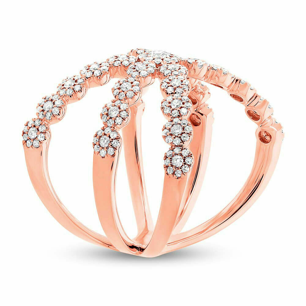 14k Gold 0.80 CT Diamond Wide Crossover Halo Cocktail Ring Natural Round Cut