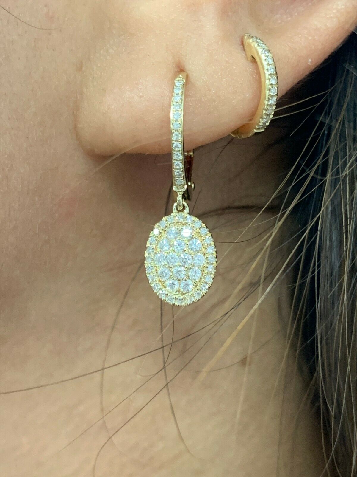 14K Gold 0.49 CT Diamond Oval Earrings Dangle Drop Lever back Dangling Pave Round
