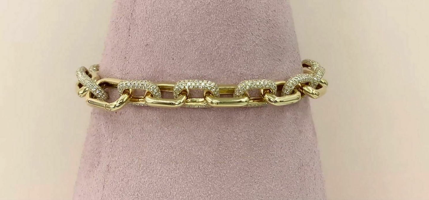 14K Gold 3.94CT Diamond Paper Clip Link Bracelet Round Cut Pave
