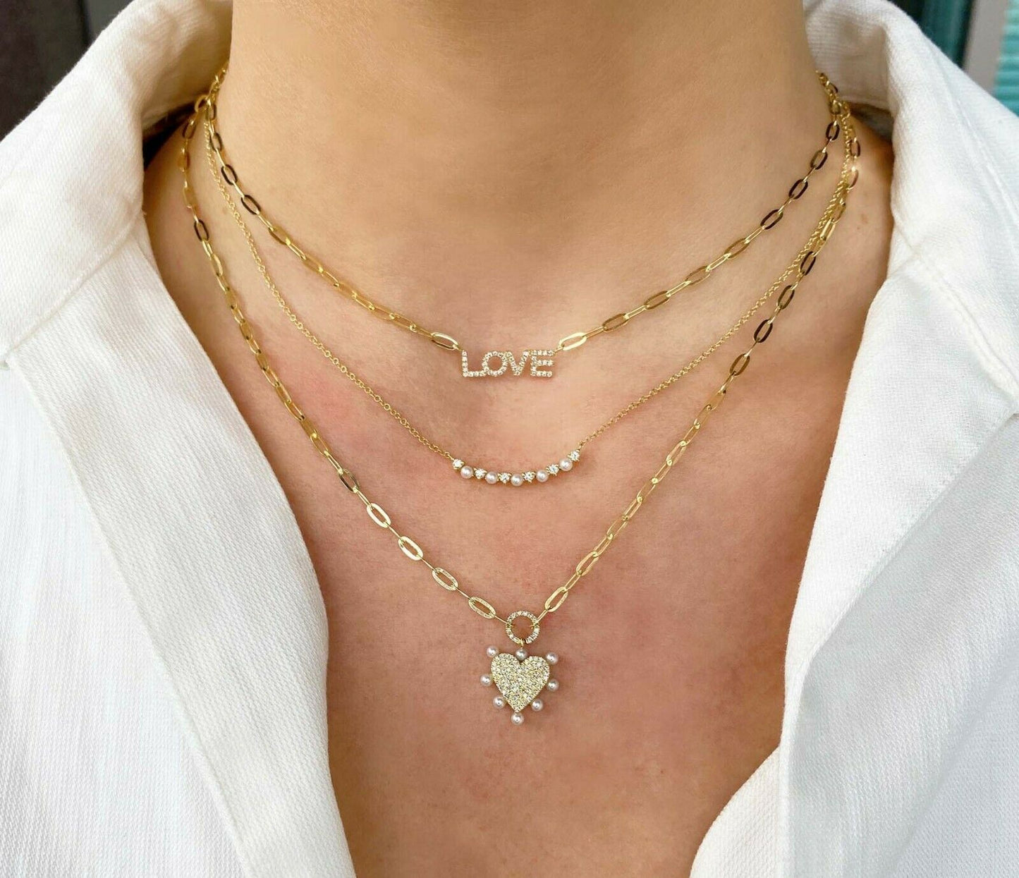 14K Gold 0.12 CT Diamond LOVE Letter Initials Necklace Paper Clip Chain