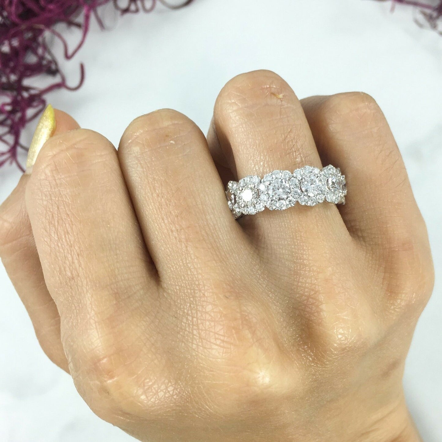 18K White Gold 2.12 CT Diamond Eternity Ring Round Cut Halo Natural Engagement Band