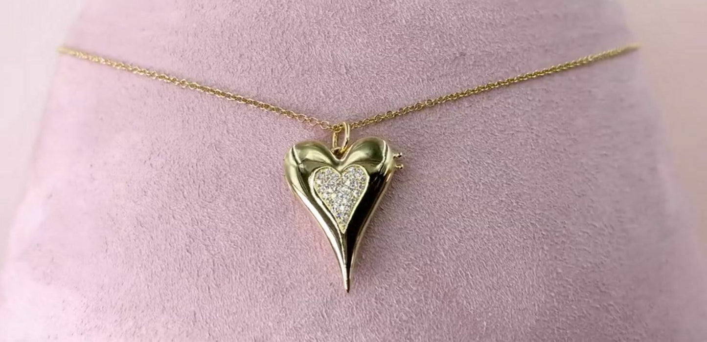 14K Gold 0.08 CT Heart Locket Diamond Necklace Pendant Pave Set Natural Certified