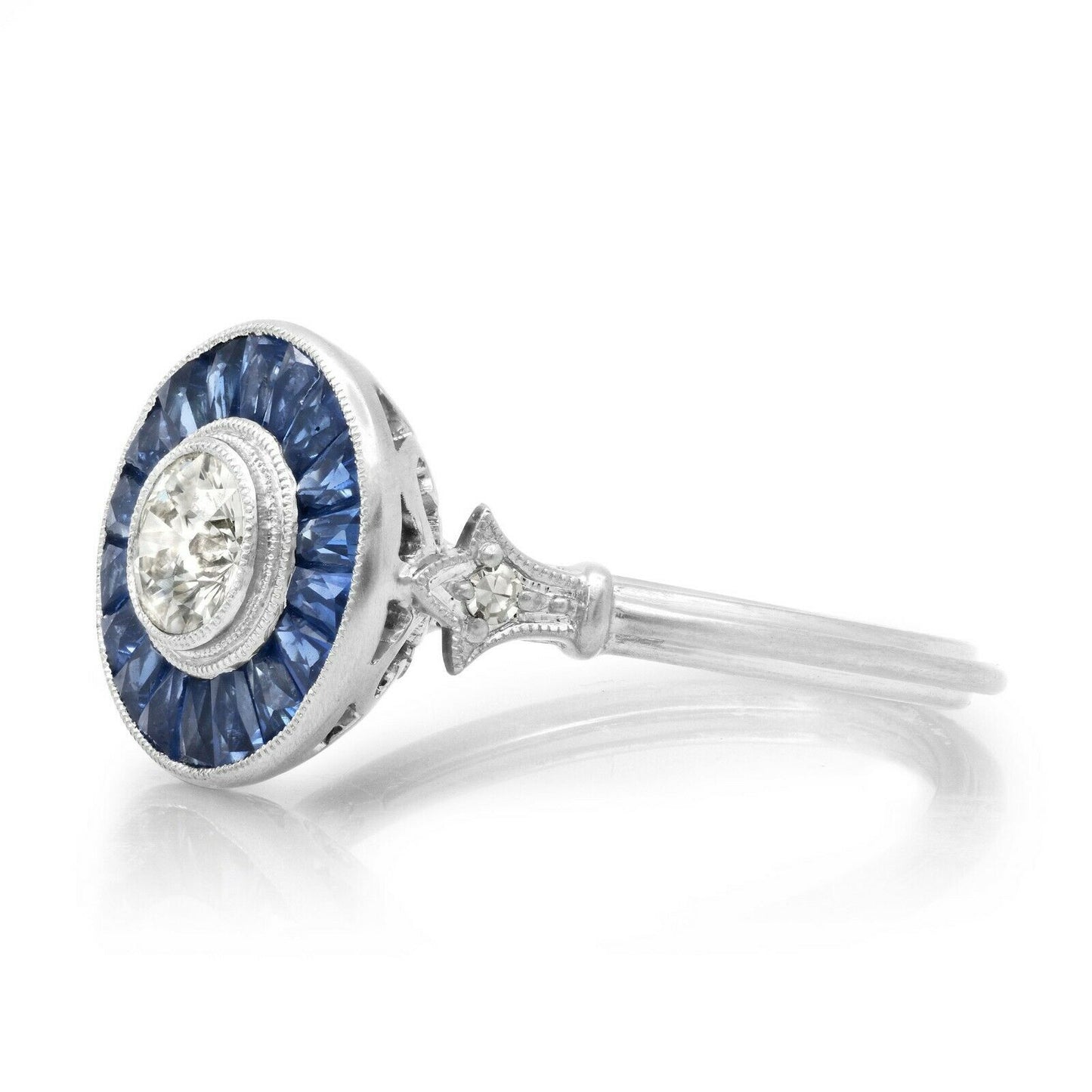 Art Deco Diamond Blue Sapphire Platinum Engagement Ring Handmade