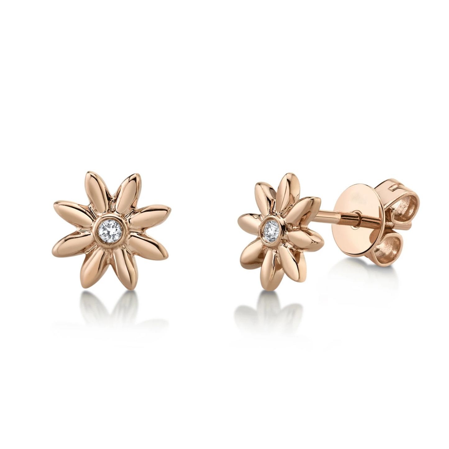 14k Gold 0.03 CT Diamond Daisy Flower Earrings Natural Bezel Studs