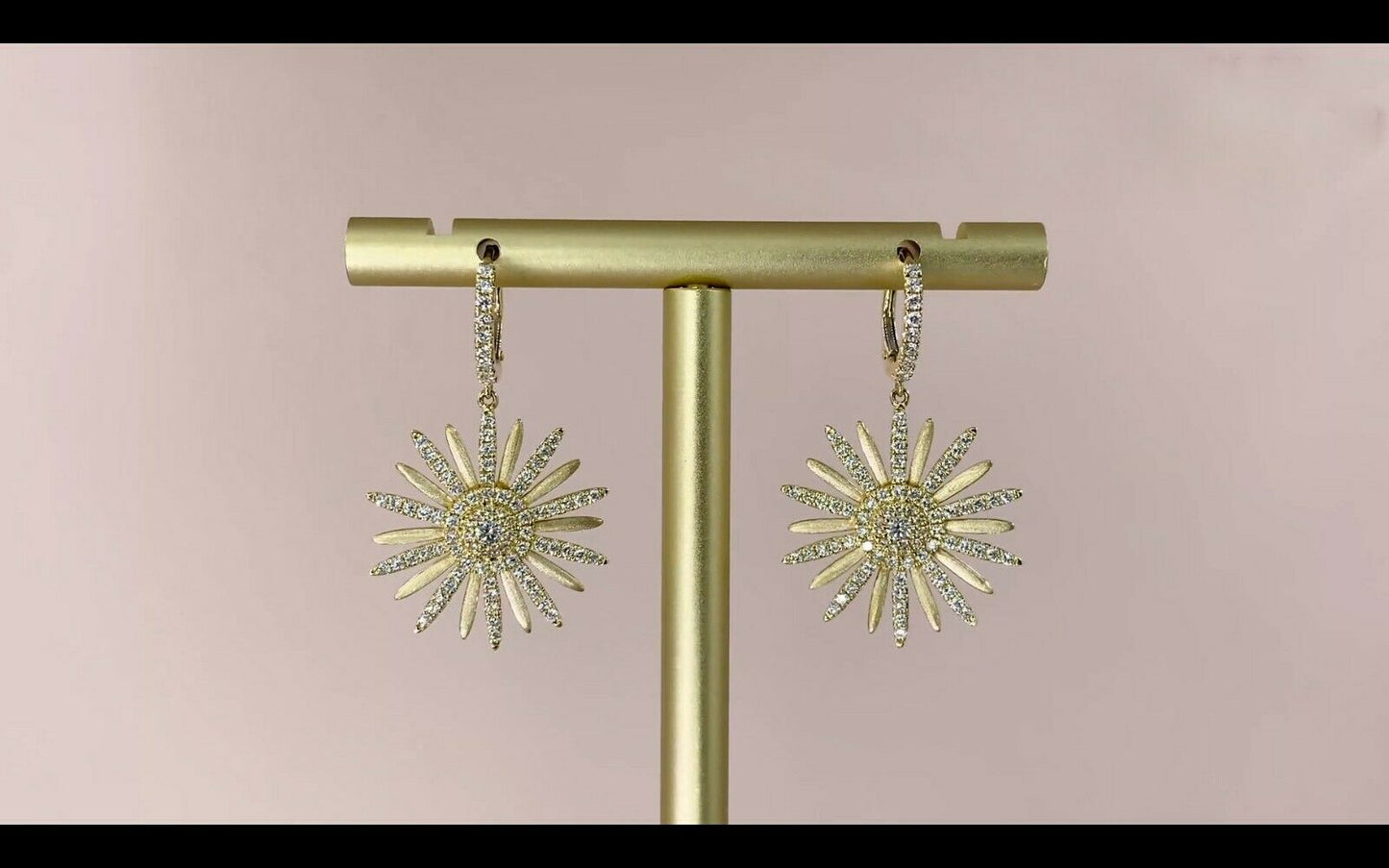 14K Gold 1.10 CT Diamond Flower Earrings Matte' Finish Drop Dangle Round Cut