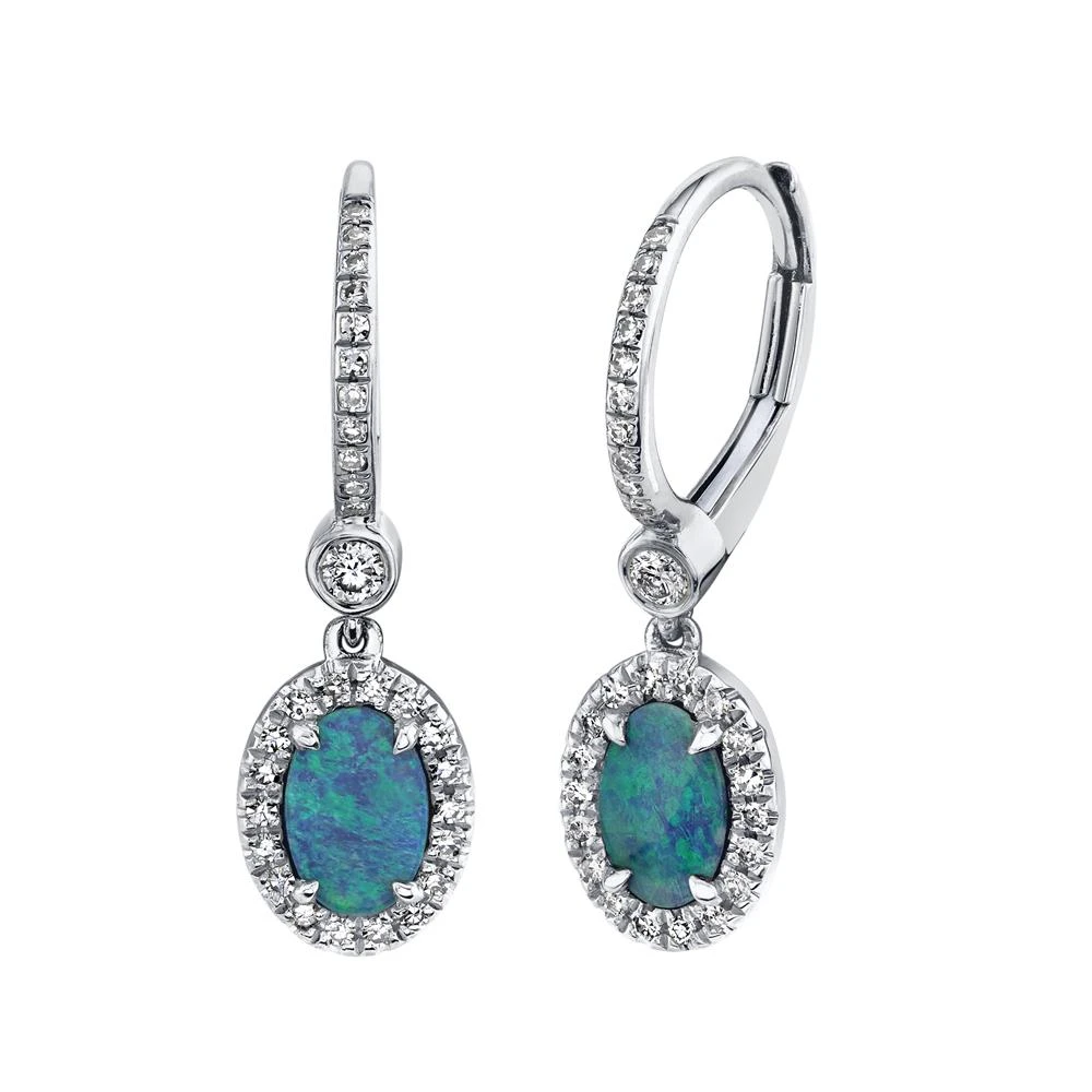 14K Gold 0.90 TCW Opal And Diamond Drop Earrings Oval Dangle Natural