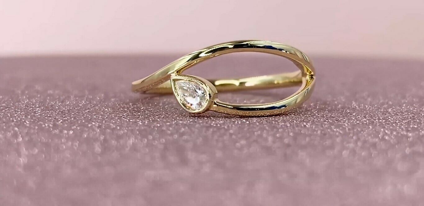 14K Gold 0.08 CT Pear Diamond Ring Minimalist Dainty Fashion Statement Cocktail