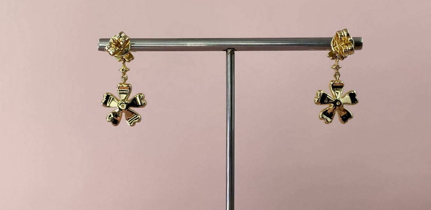 14K Gold 0.54 CT Diamond Flower Earring Drop Dangle Round Cut Pave Natural