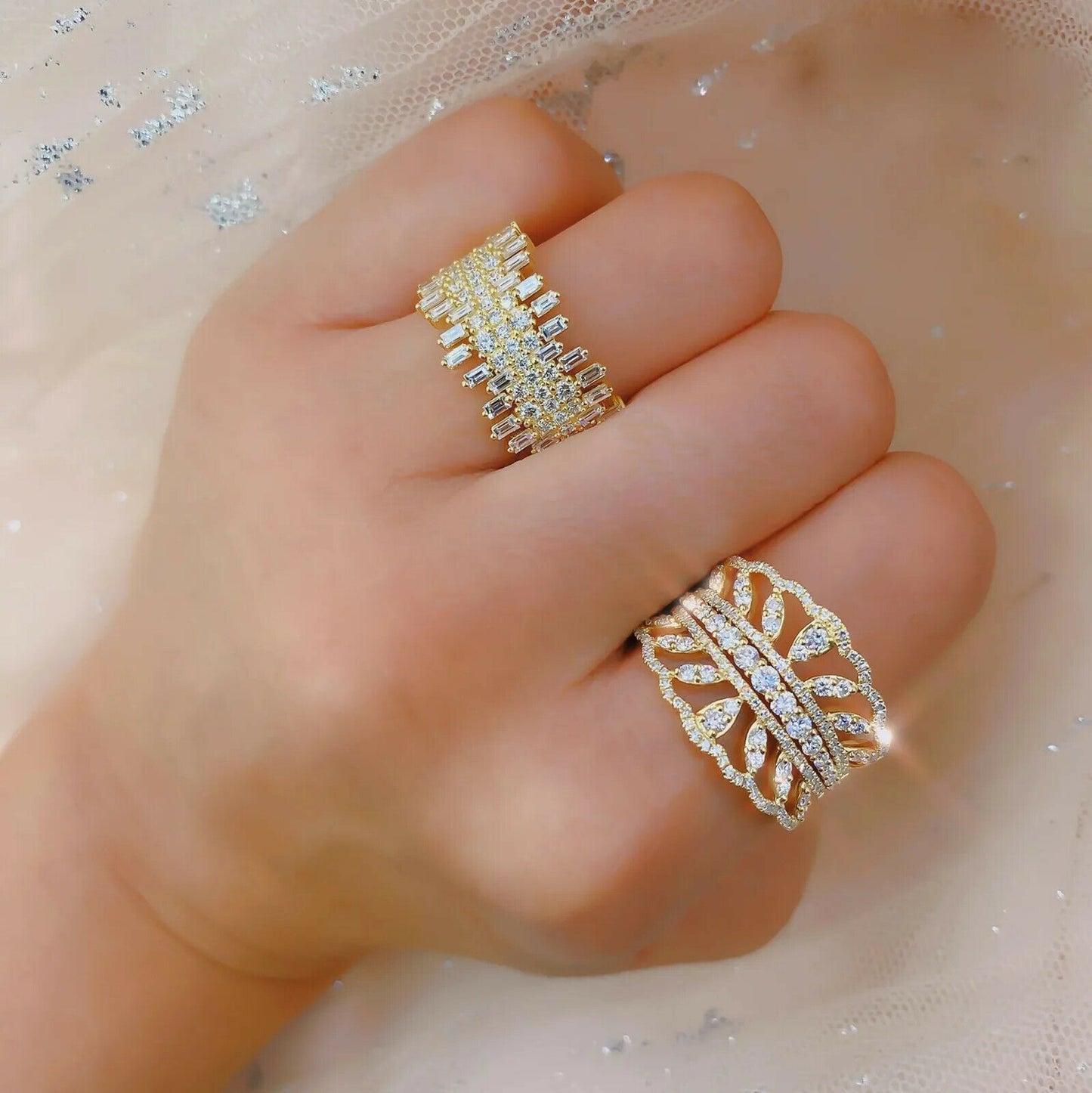 14K Gold 1.26 CT Diamond Baguette Cut Jagged Wide Ring Cocktail Right Hand