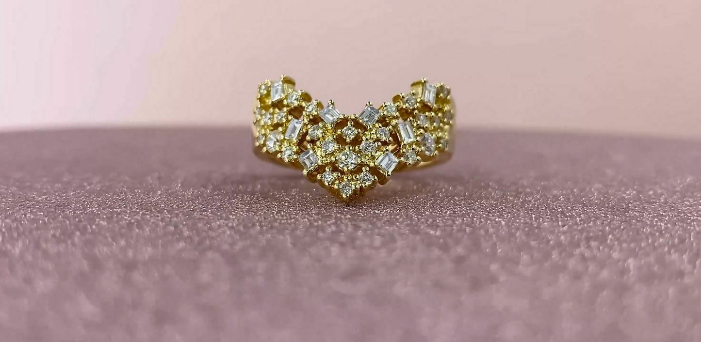 14K Gold 0.24 CT Diamond Chevron V Ring Baguette Round Cocktail Certified Natural