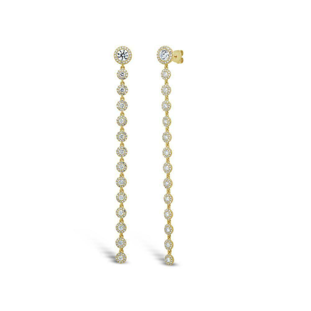 14K Gold 3.10 TCW Long Diamond Drop Earrings Round Cut Halo Dangle Natural