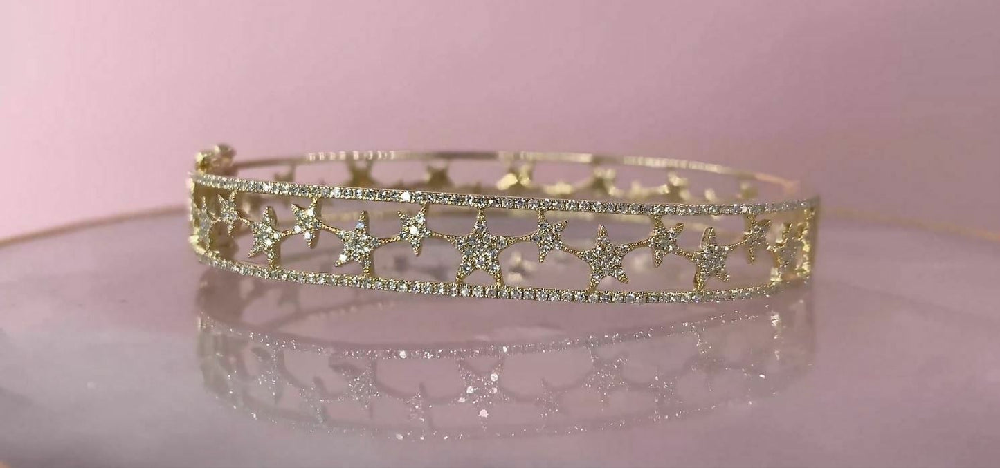 14K Gold 0.71 CT Diamond Star Bangle Bracelet Round Cut Natural Women's Clasp Lock