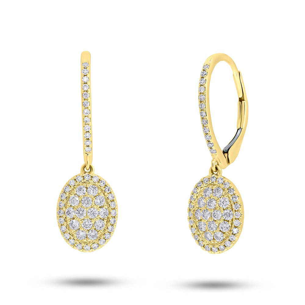 14K Gold 0.49 CT Diamond Oval Earrings Dangle Drop Lever back Dangling Pave Round