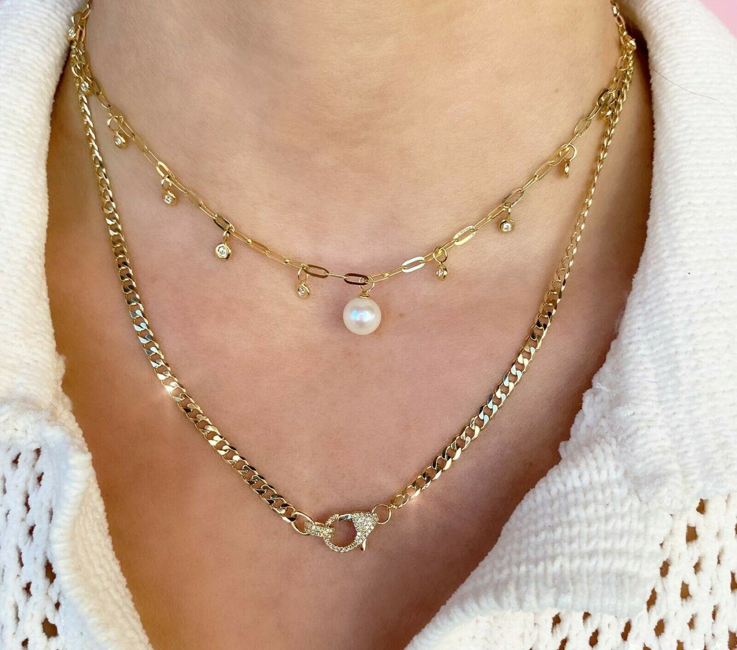 14K Gold 0.23 CT Diamond Pearl Paper Clip Link Shaker Necklace Bezel Set