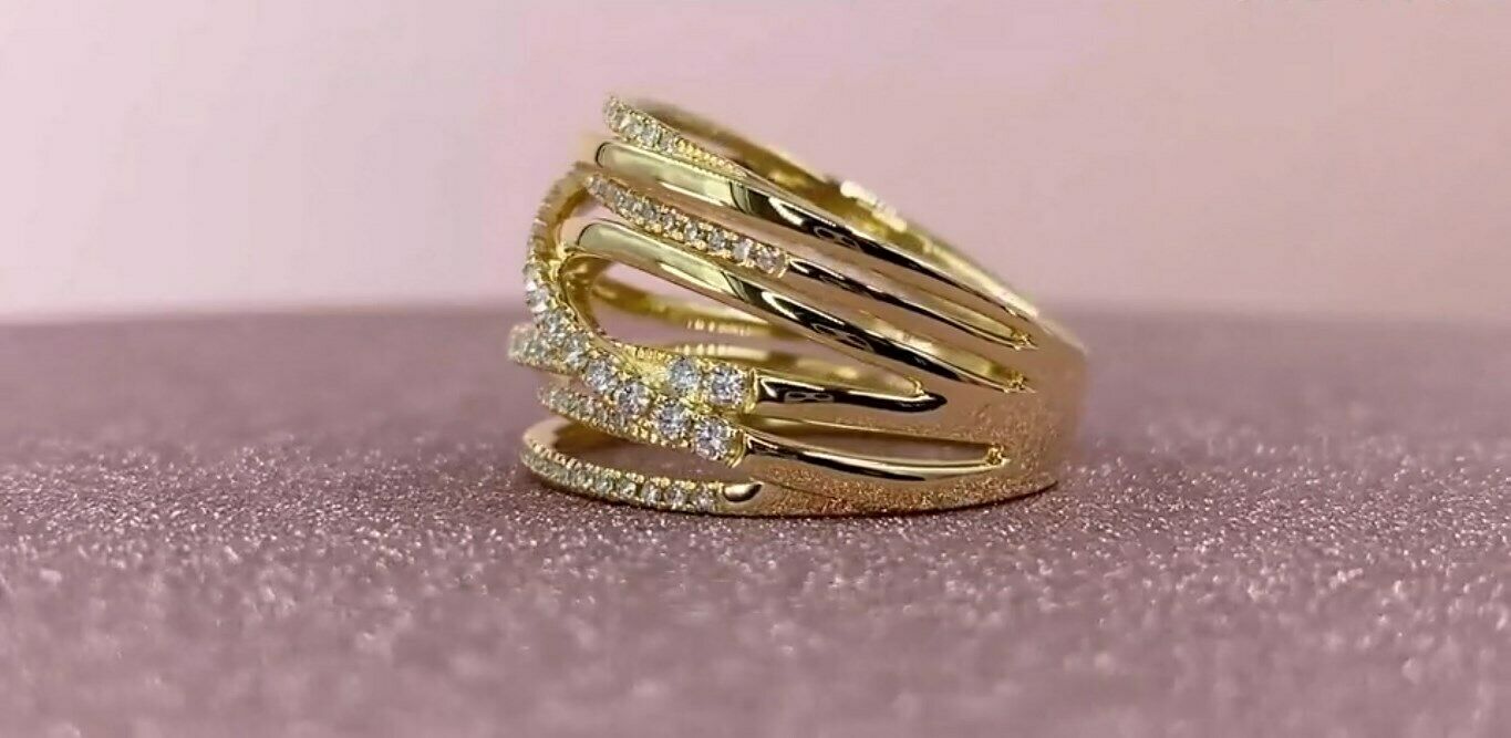 14K Gold 0.62 CT Diamond Bridge X Ring Criss Cross Crossover Multi Row Band Wide