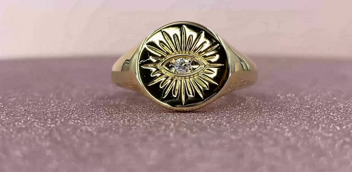 Diamond Signet Eye Ring 14K Yellow Gold Cocktail Round Cut Natural Statement