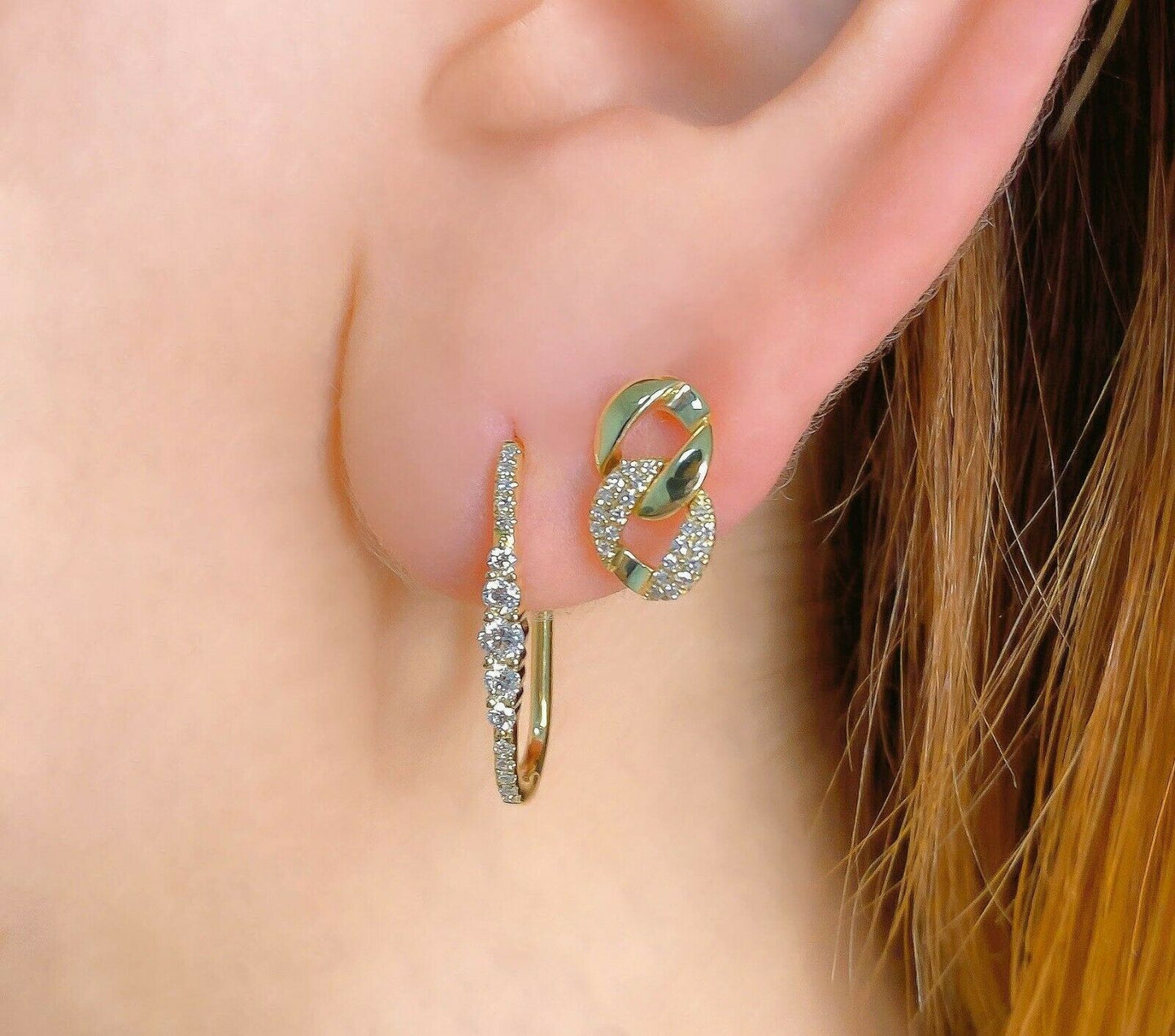 14K Gold 0.28 CT Diamond Oval Square Hoop Earrings Round Cut Natural