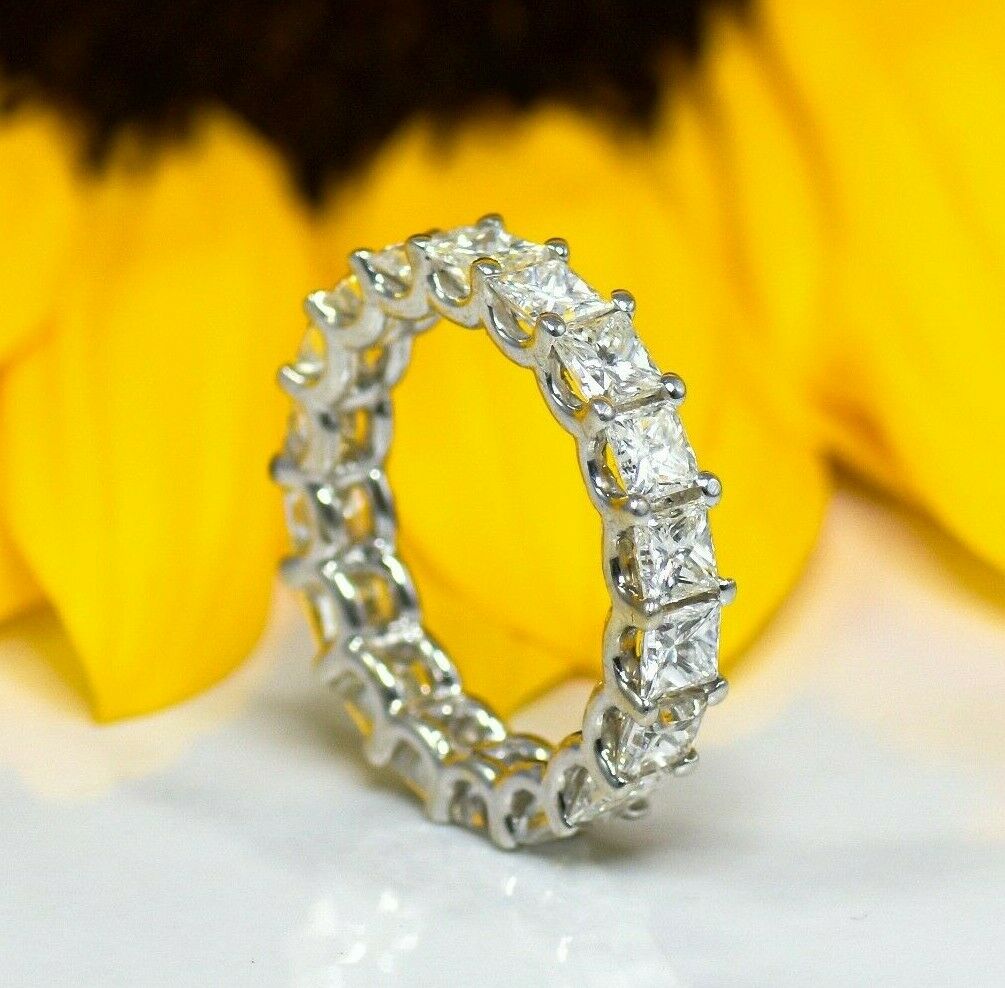 18K Gold 4.27 CT Princess Cut Diamond Eternity Ring Engagement Anniversary Wedding
