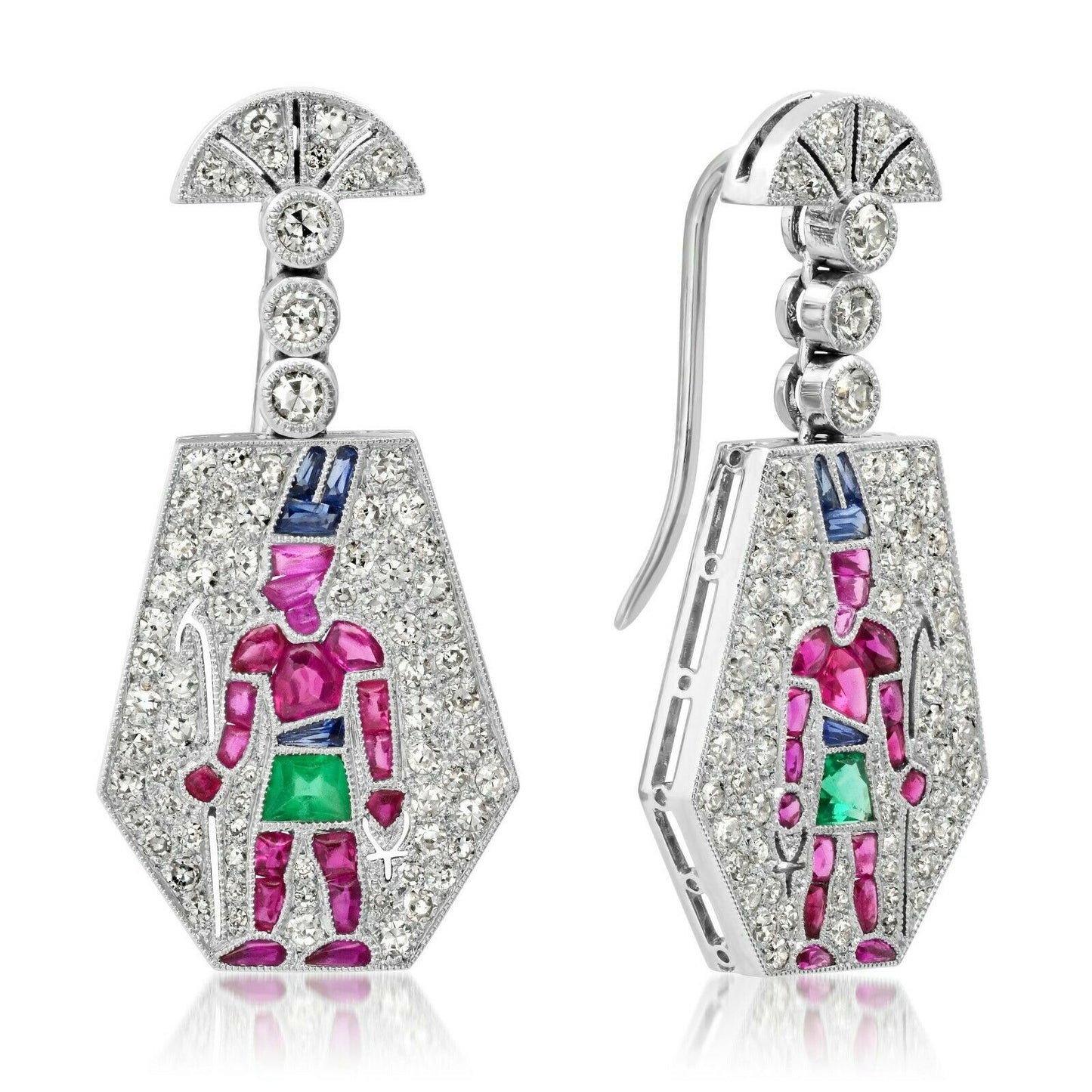 Diamond Egyptian Pharaoh Ankh Platinum Earrings Multi Gemstones Certified Natural