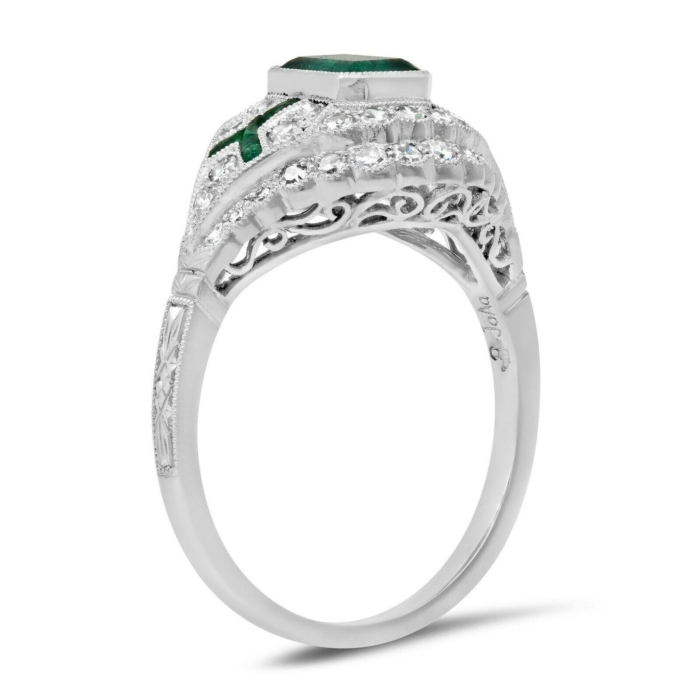 Diamond And Emerald Platinum Engagement Ring Art Deco Handmade Natural