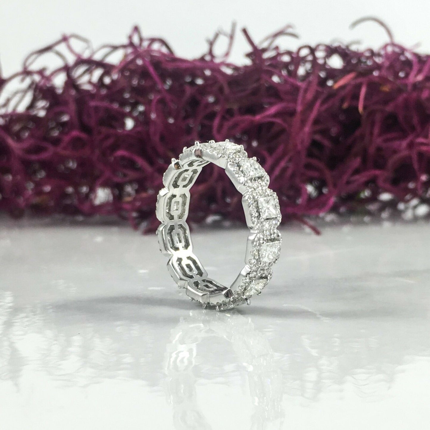 18K White Gold 1.73 CT Princess Round Eternity Diamond Ring Halo Band Natural Certified