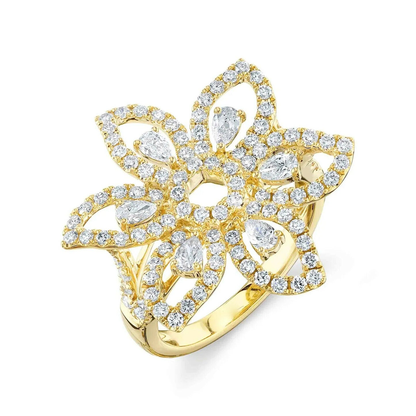 Pear Cut Diamond Flower Necklace 14K Yellow Gold Womens 1.34 CT Natural