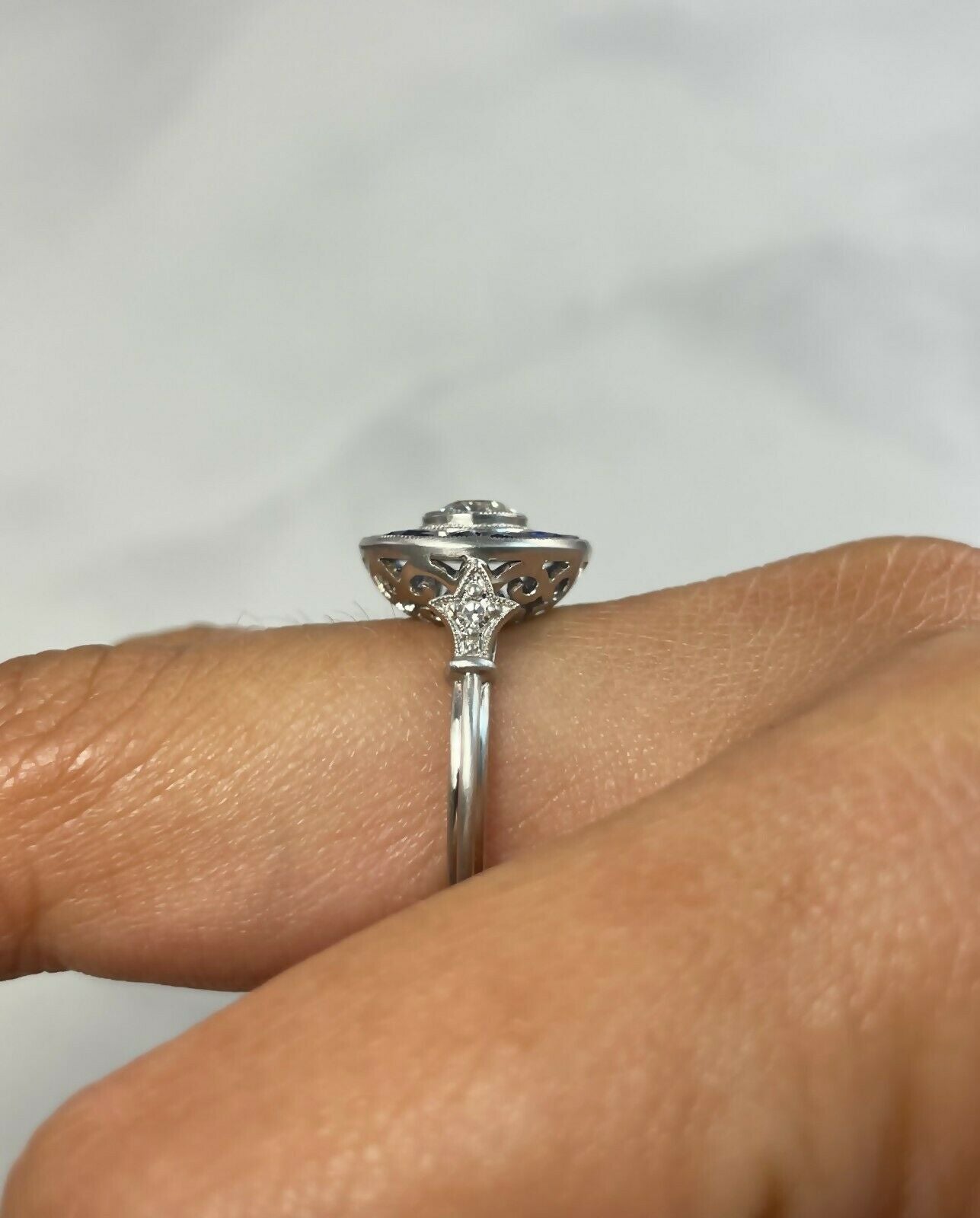 Art Deco Diamond Blue Sapphire Platinum Engagement Ring Handmade