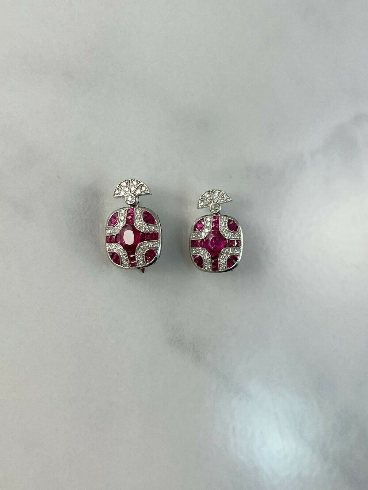 Art Deco Ruby Diamond Platinum Earrings Natural Handmade Certified