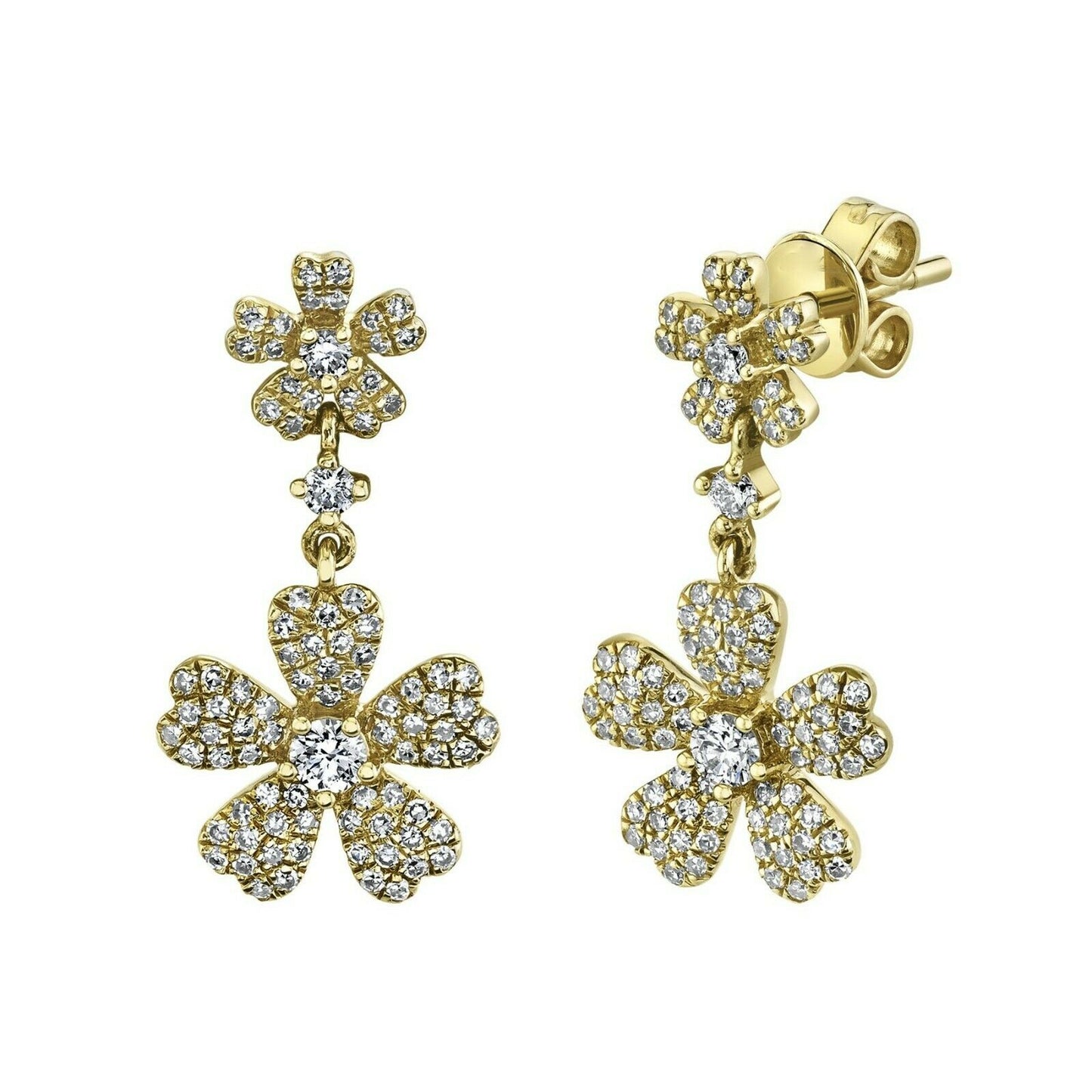 14K Gold 0.54 CT Diamond Flower Earring Drop Dangle Round Cut Pave Natural