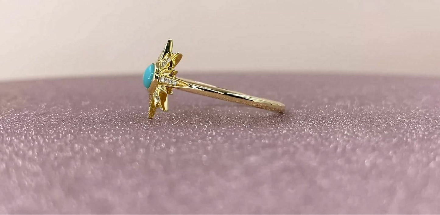 14K Gold 0.21 CT Diamond And Turquoise Star Ring Fashion Statement Cocktail