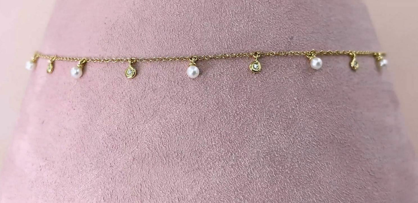 14K Gold 0.04 CT Diamond Pearl Necklace Shaker Dangling Bezel Set Round Cut