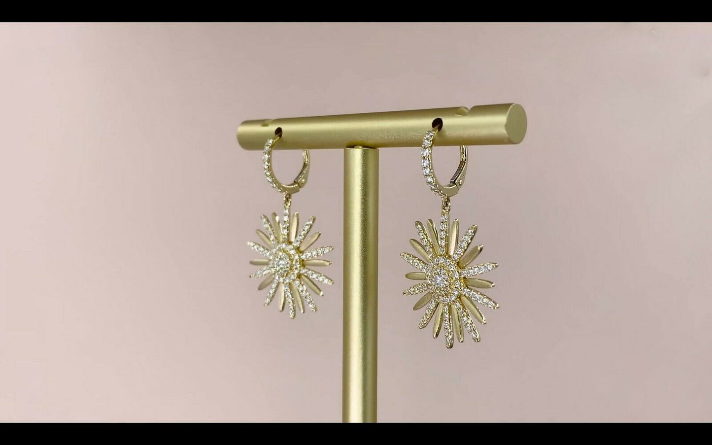 14K Gold 1.10 CT Diamond Flower Earrings Matte' Finish Drop Dangle Round Cut
