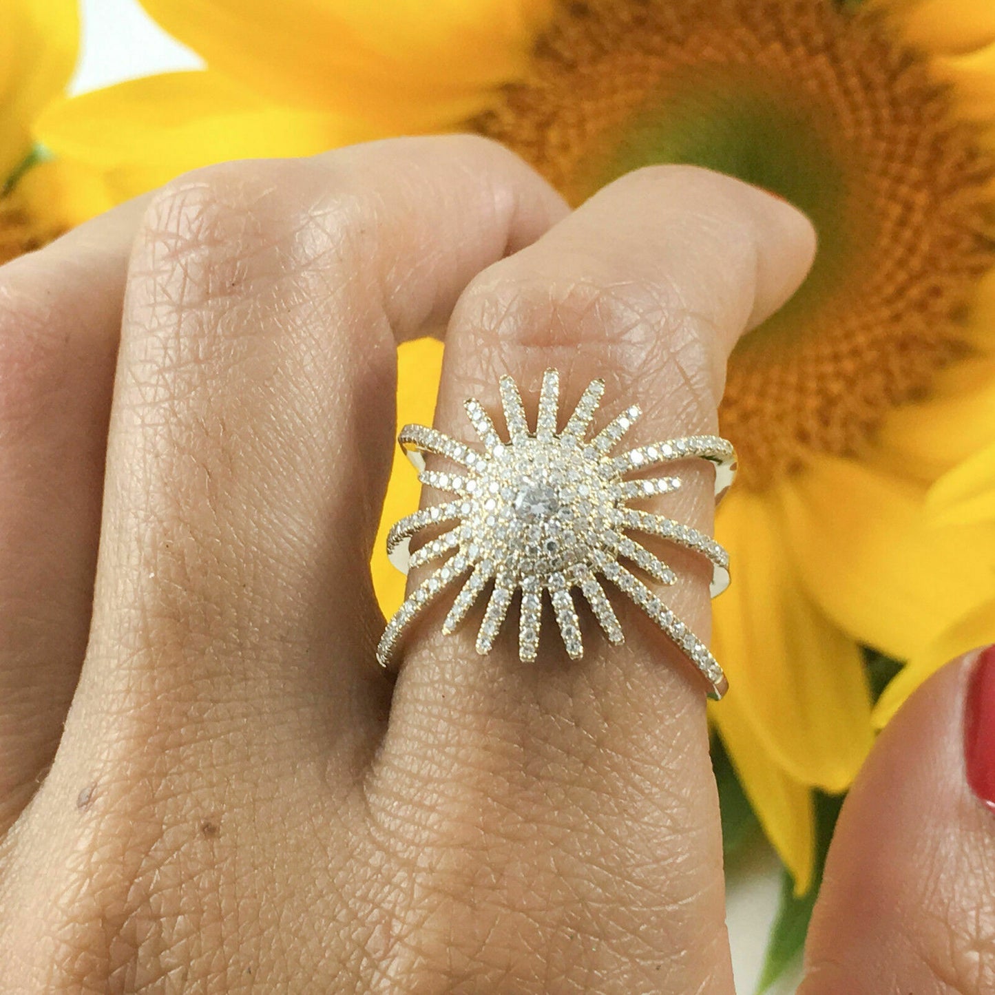 14K Gold 0.57 CT Diamond Starburst Ring Women Cocktail Statement Round Cut 7