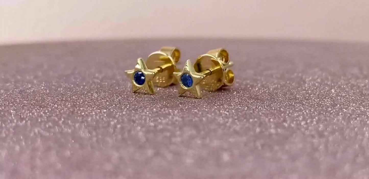 14K Gold 0.10 CT Blue Sapphire Star Stud Earrings Round Cut Natural