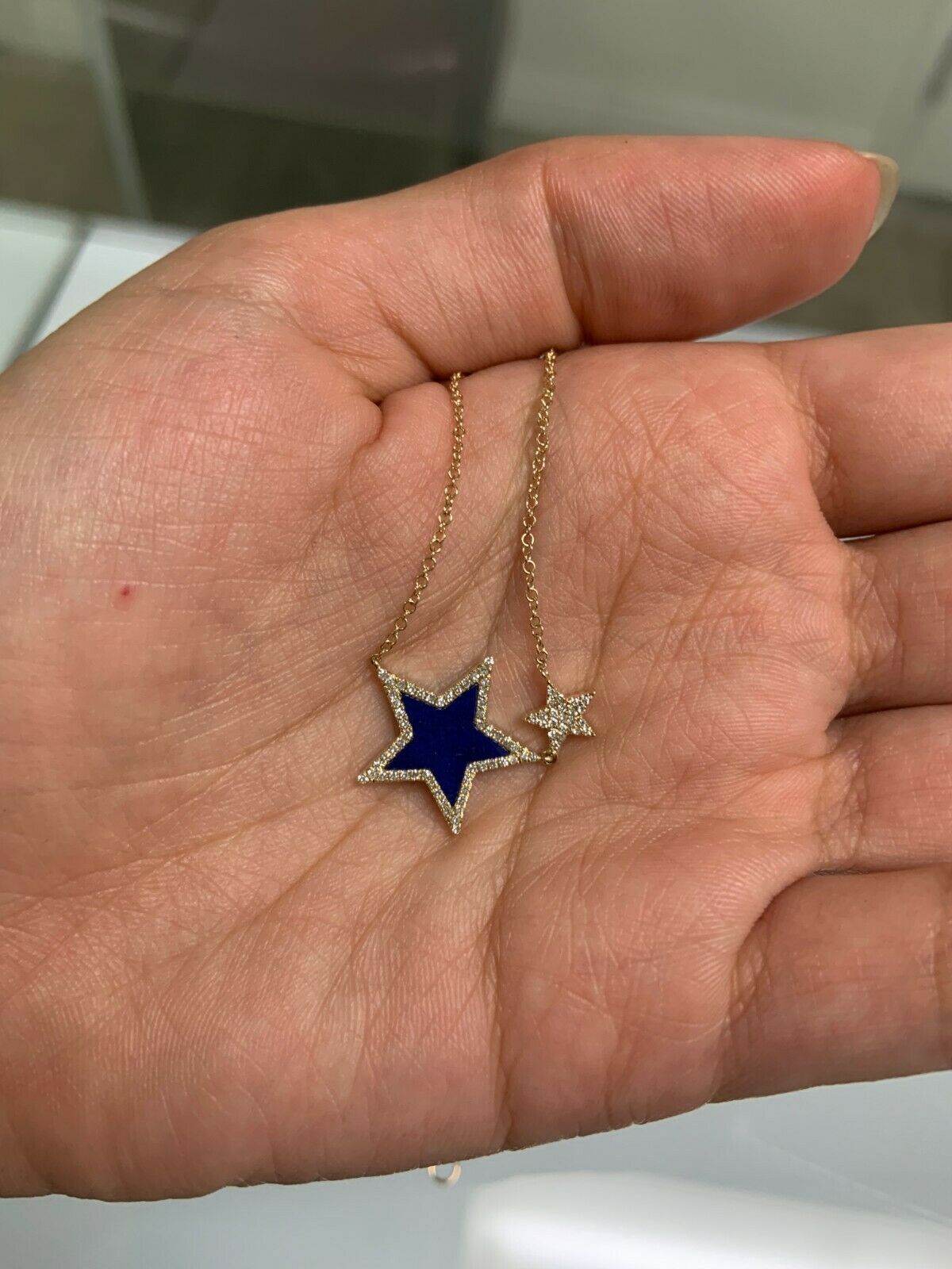 14K Gold 0.88 CT Lapis Lazuli Diamond Star Pendant Necklace Women's Natural