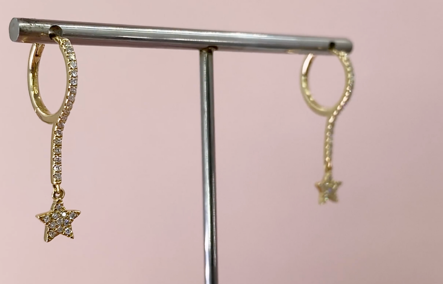 14k Gold 0.17 CT Diamond Star Drop Dangle Huggie Earrings Natural Pave